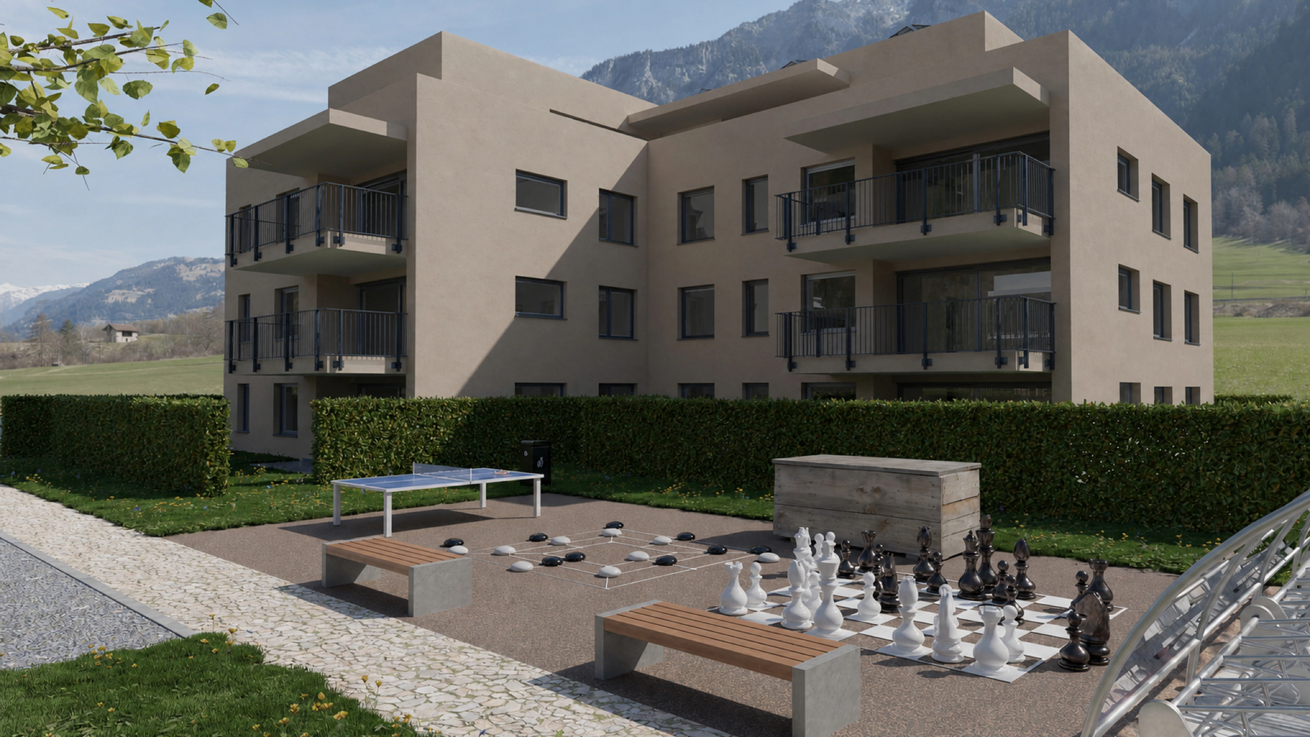 Begrünter Innenhof des ACTIVITY-Park in Raron