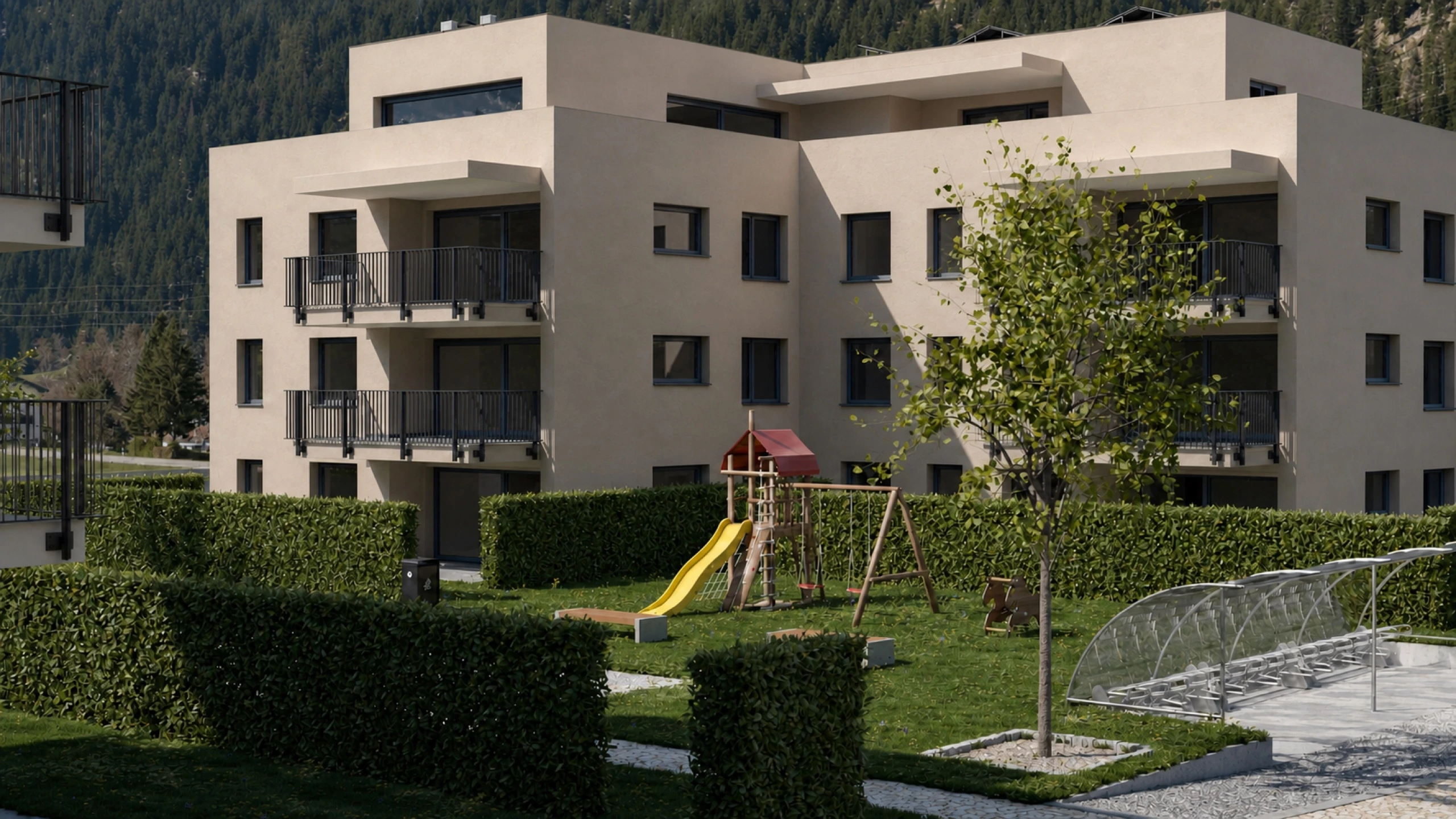 Fotorealistische Aussenansicht der Wohnhäuser des ACTIVITY-Park in Raron